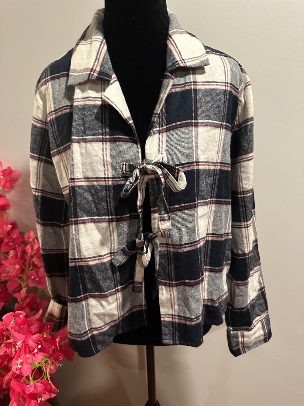 Plaid Tie-Front Shirt Jacket in Navy, Cream, Gray